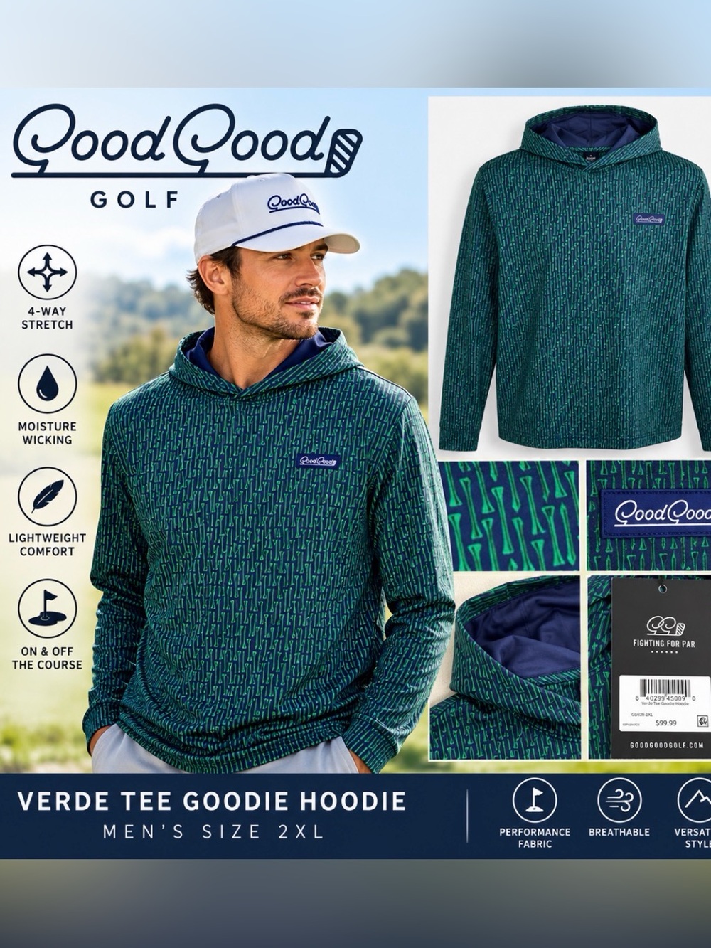 NWT Good Good Golf Verde Tee Goodie Hoodie Men’s 2XL Green Navy GG928